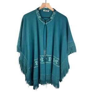 Carlax Poncho Women One Size blue Sweater Cozy Warm Raw Fringe Hem